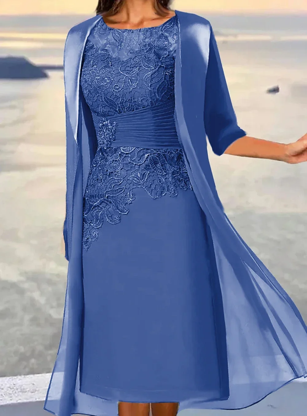 Mother Bride Dresses Midi Length Sleeve Floral Embroidered Layered Ruched Fall Crew Neck