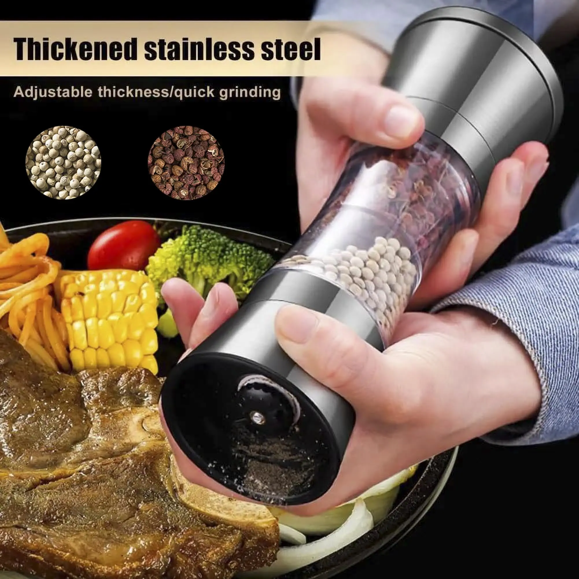Salt and Pepper Grinder 2-in-1 Adjustable Pepper Salt Grinder Rustproof Stainless Steel Manual Mill Double Heads Coarseness Control