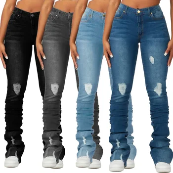 Washed Denim Straight Pants Women Ankle Length Jean Ripped Hole Distressed Pockets Solid Casual Skinny Vintage High Waist 1
