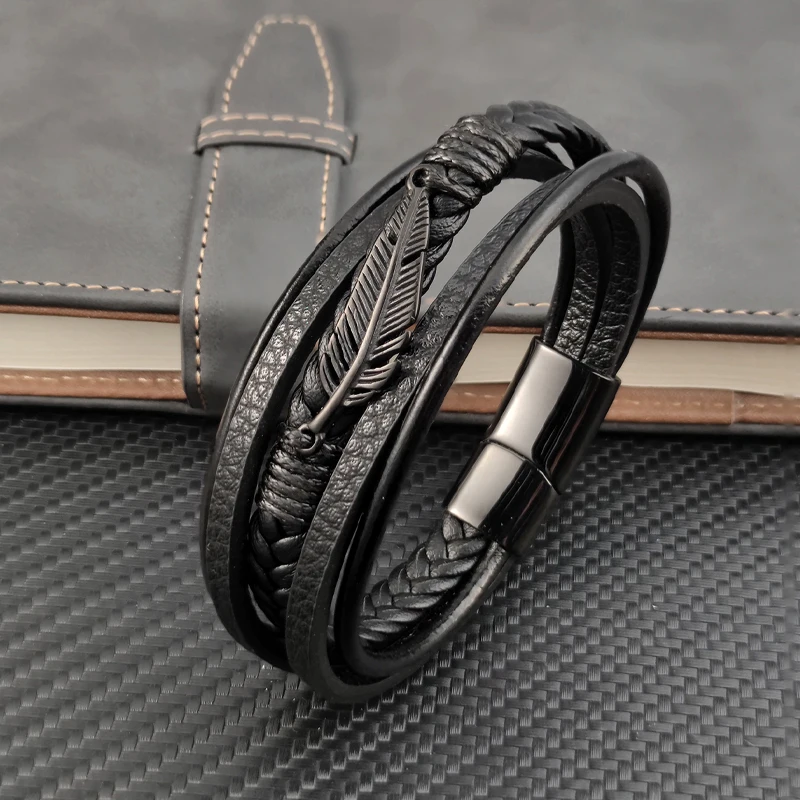 Multi-layer Leather Combination Maple Leaf Accessories Men's Stainless Steel Leather Bracelet Classic Gift leather bracelet leather bangle stainless steel bangle