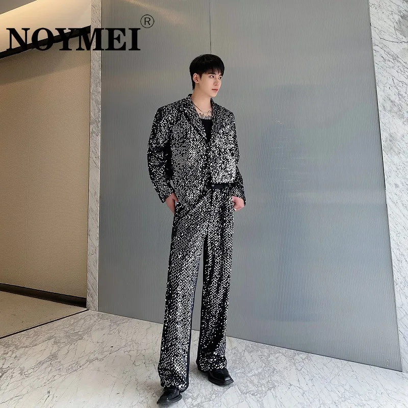 

NOYMEI Spring Sequin nightclub style fashionable two pieces set Men's irregularity Coat straight pants party suits WA3736