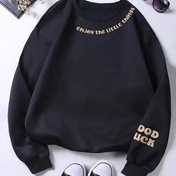 Enioy The Little Things 레터 프린팅 맨투맨 여성용, 따뜻한 풀오버, 부드러운 후드, 느슨한 크루넥 플리스 여성 의류