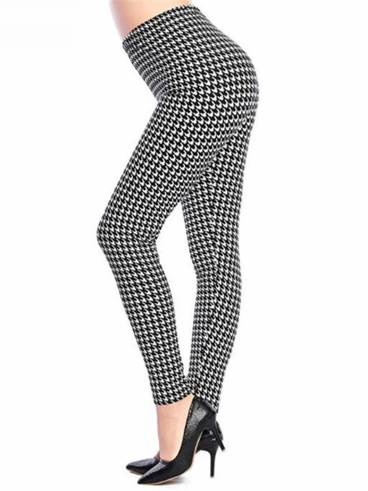 

YSDNCHI Houndstooth Legins Plaid Thin Pant Fashion Stripe Printed Leggins Women Aptitud Trousers Push Up Leggings