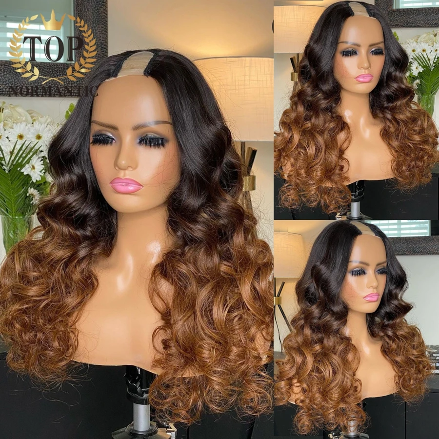 Topnormantic Loose Wave U Part Wigs for Black Women Ombre Brown Color Remy Brazilian Human Hair U Part Wig