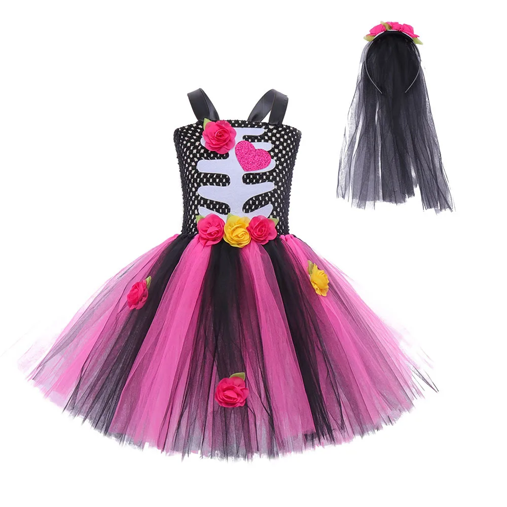 thumbnail image 1 of Vestido de novia zombi para niñas, disfraz de esqueleto para actuación, falda esponjosa de princesa Banshee con calavera aterradora para Halloween, 1 of 5