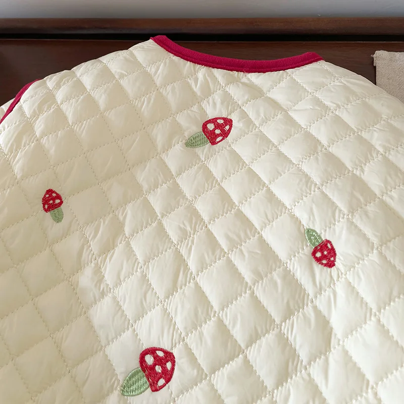 O넥 단추형 긴팔 소프트 플리스 재킷 1-6세 어린이용 따뜻한 배색 패딩 아우터  소녀 자수 면 코트