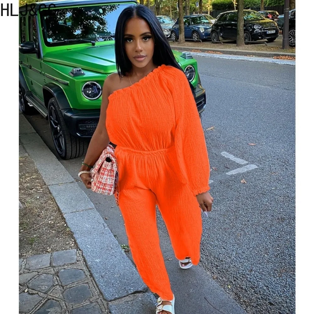 HLJ&GG Casual Solid Color One Shoulder Jumpsuits Women Long Sleeve Elastic Waist Jogger Pants Playsuits Autumn Female Overalls
