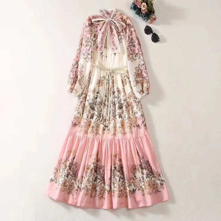 

European and American women's dress 2023 winter new Long sleeve bow collar pink print fashion Pleated dress XXL