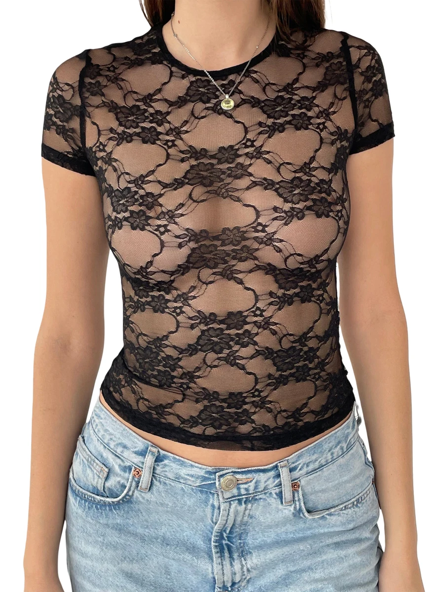 

Женский кружевной топ HzDazrl с коротким рукавом, сексуальная прозрачная сетчатая рубашка Y2k с цветочным рисунком, летние Клубные облегающие укороченные топы