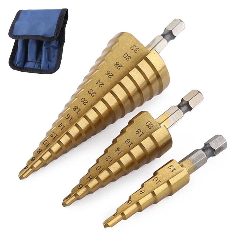 3 Pcs 4-32mm Large Step Titanium Cone Drill Hole Cutter Bit HSS Tool With Pouch 