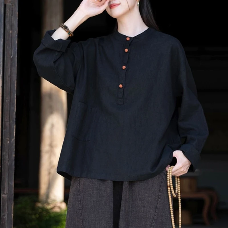 Women Vintage Ethnic Style Cotton Linen Shirts Simple Loose Long Sleeve Blouses Casual O Neck Solid Tops 2024 Spring Blusa Mujer