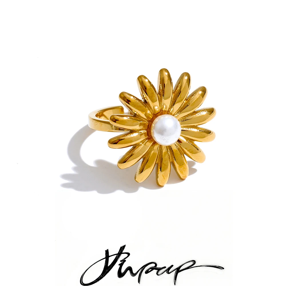 Yhpup Imitation Pearl Sunflower Adjustable Ring Stainless Steel
