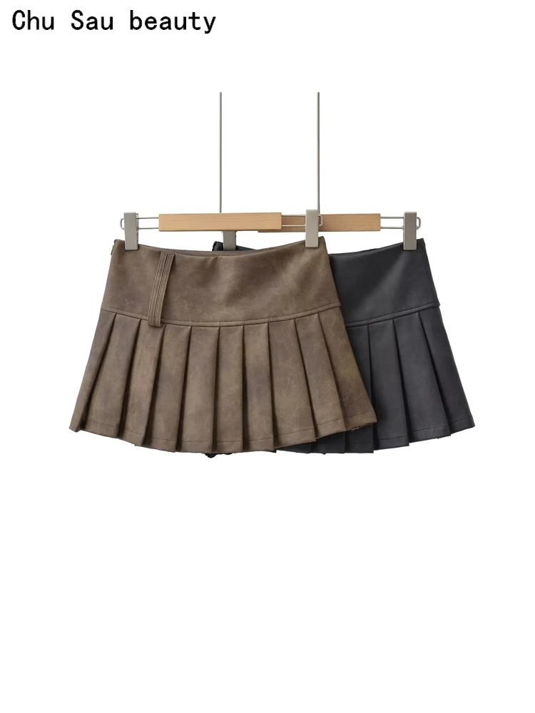 

Chu Sau beauty 2023 Women New Fashion Hot Sweet Pleated Pu Leather Mini Skirt Sexy Slim Short Skirts Chic Side Zipper Skorts