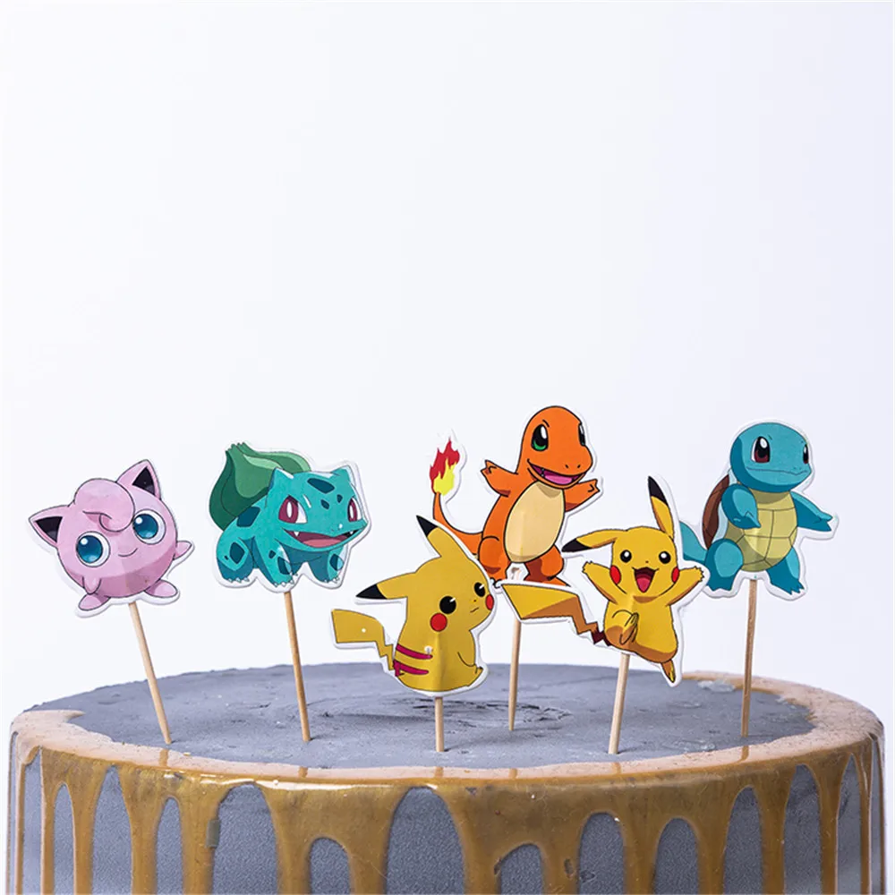 24pcs Pokemon Cupcake Toppers Anime Pikachu Party Cake Flags Cartoon Baby Shower Kids Boys Birthday Party Cake Decorations Gifts
