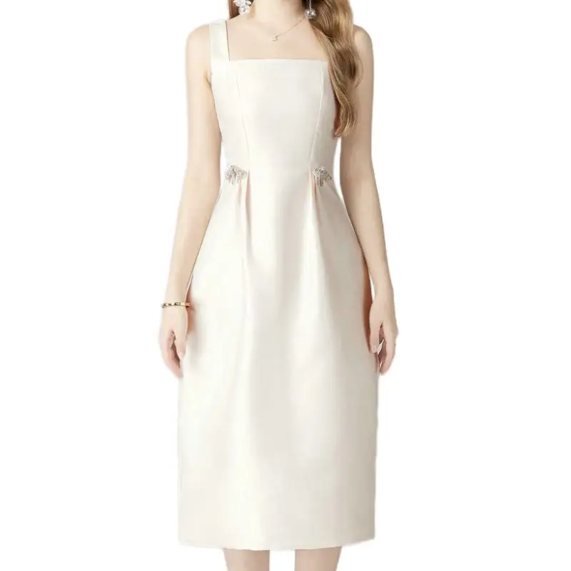 

Europea Women Leisure Clothing Beige Dress Simple Style Luxury Brand Designer Spring/Summer Sleeveless Off Shoulder Factory Sale