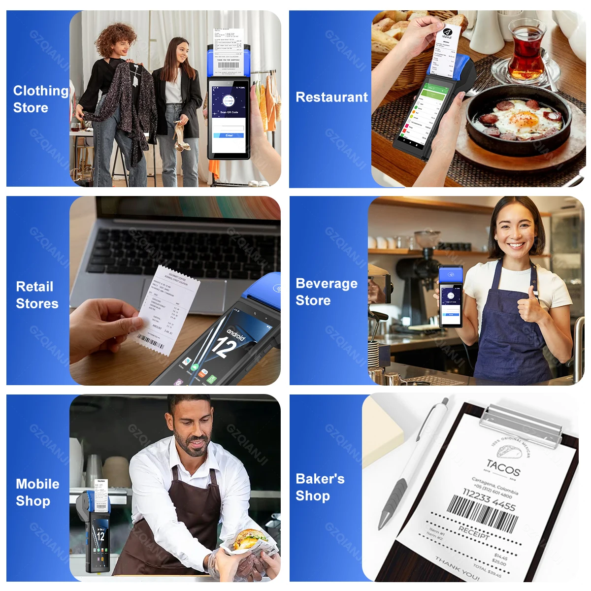 안드로이드 12/8.1 3G 4G 휴대용 POS 단말기 (58mm 감열 프린터, 1D 2D 바코드 QR 스캐너, NFC 리더 옵션 포함)