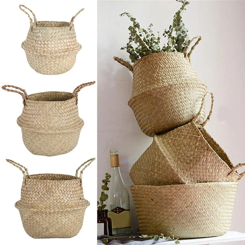 Seaweed Wicker Storage Baskets Straw Wicker Rattan Hanging Flowerpot Seagrass Folding Laundry Basket Plant Basket Home Decor