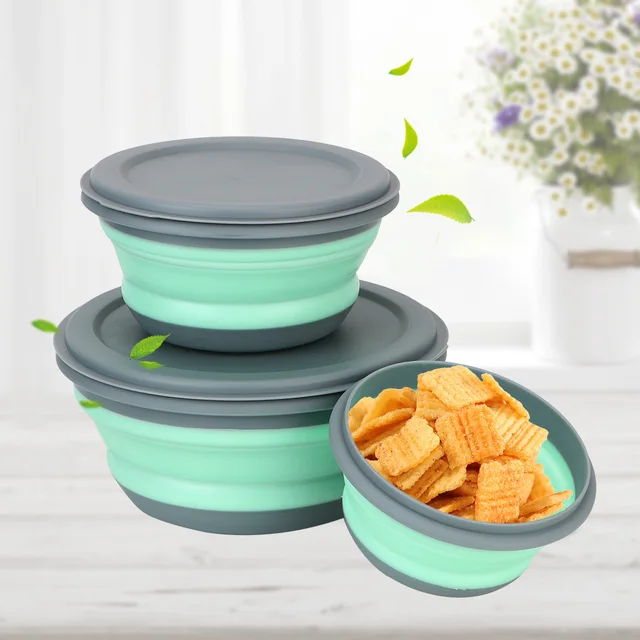Boîte à déjeuner pliante, ensembles de bols en Silicone 3 pièces/ensemble, récipient alimentaire, ensemble de vaisselle, bol à salade pliable avec couvercle Portable 1