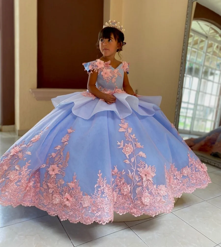 Lace Applique Girls Wedding Princess Flower Dress Party Dress Puffy Communion Dresses main image 0