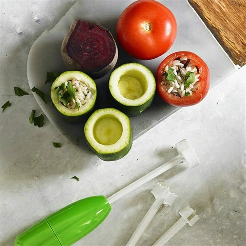 4 In 1 Fruit Vegetable Corer Spiral Digging Vege Drill Veggie Corkscrew Carver with 4Pcs Replaceable Head Spiralizer Cutter Tool Kitchen