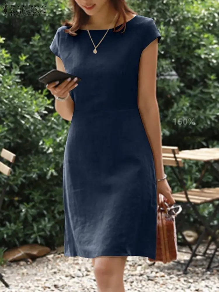 

Summer Solid Midi Dresses Women Elegant Short Sleeve Half O-Neck Zipper Dresses 2023 Female Work Vintage Back V Neck Sundress