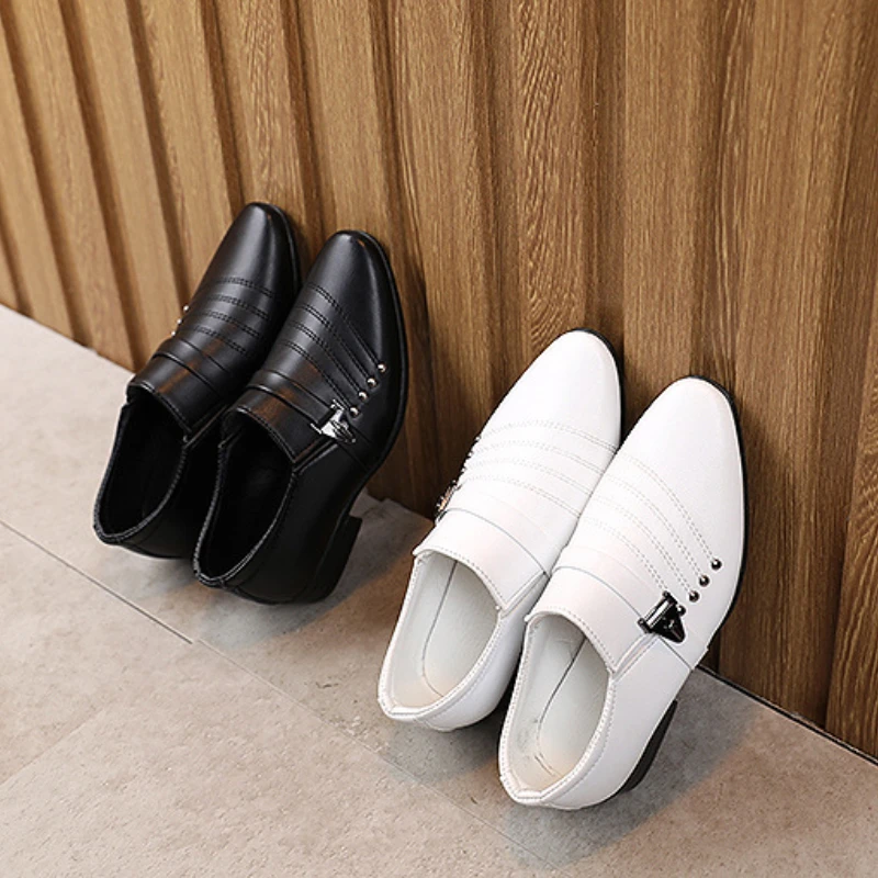 туфли Boy's Leather Shoes Spring Autumn Pointed Toe Formal Dress Shoes British Style Black White Kids Shoes Party Wedding Flats 6