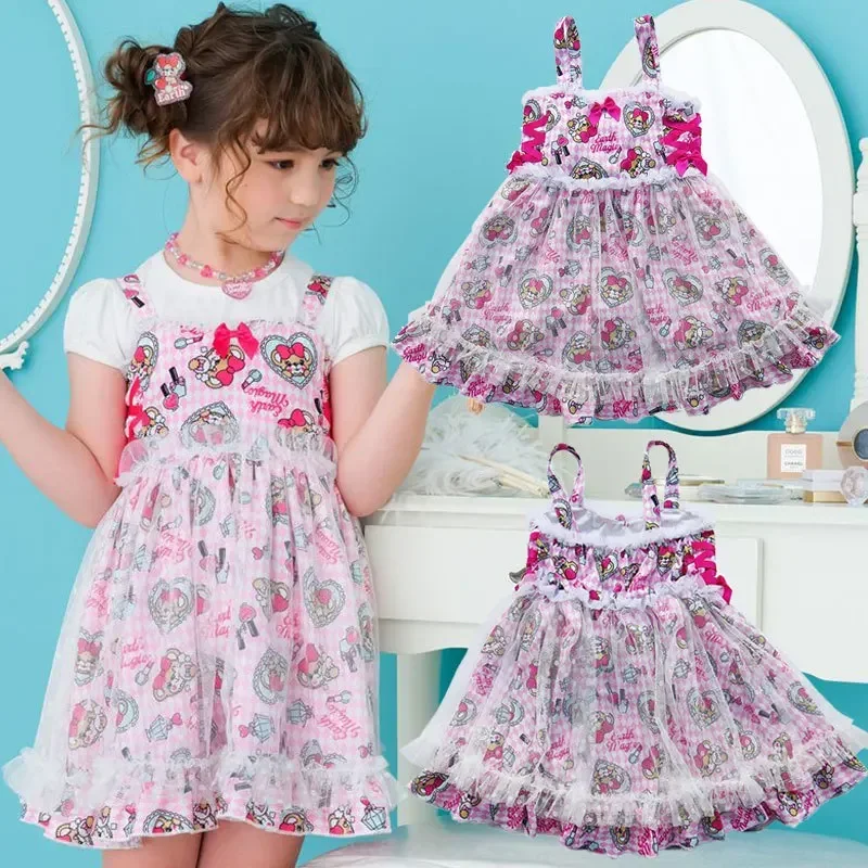 

Girls Dress 2022 Summer Full Print Makeup Bear Sling Chiffon Strap Skirt Princess Lace Chiffon Skirt Cake Skirt