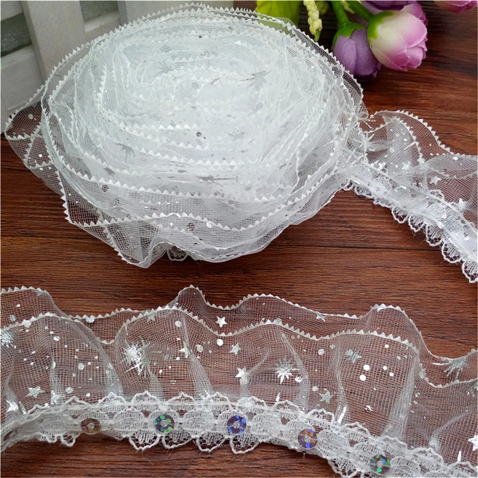 1/ 3/ 5 ярдов 3-слойное золотистое серебристое кружево со звездами и цветами, плиссированная отделка блестками, кружевная ткань «сделай сам»