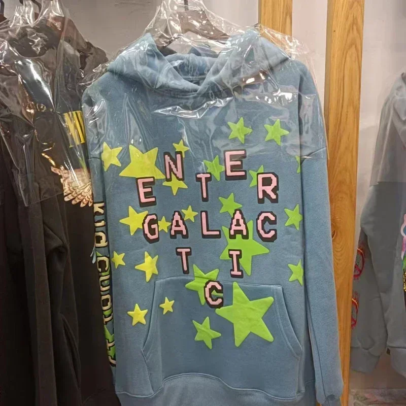 

Y2K Foam Stars Print Hooded Hoodie Men Women Blue Kanye West Sweatshirts High Quality Fleece Casual Loose Pullover