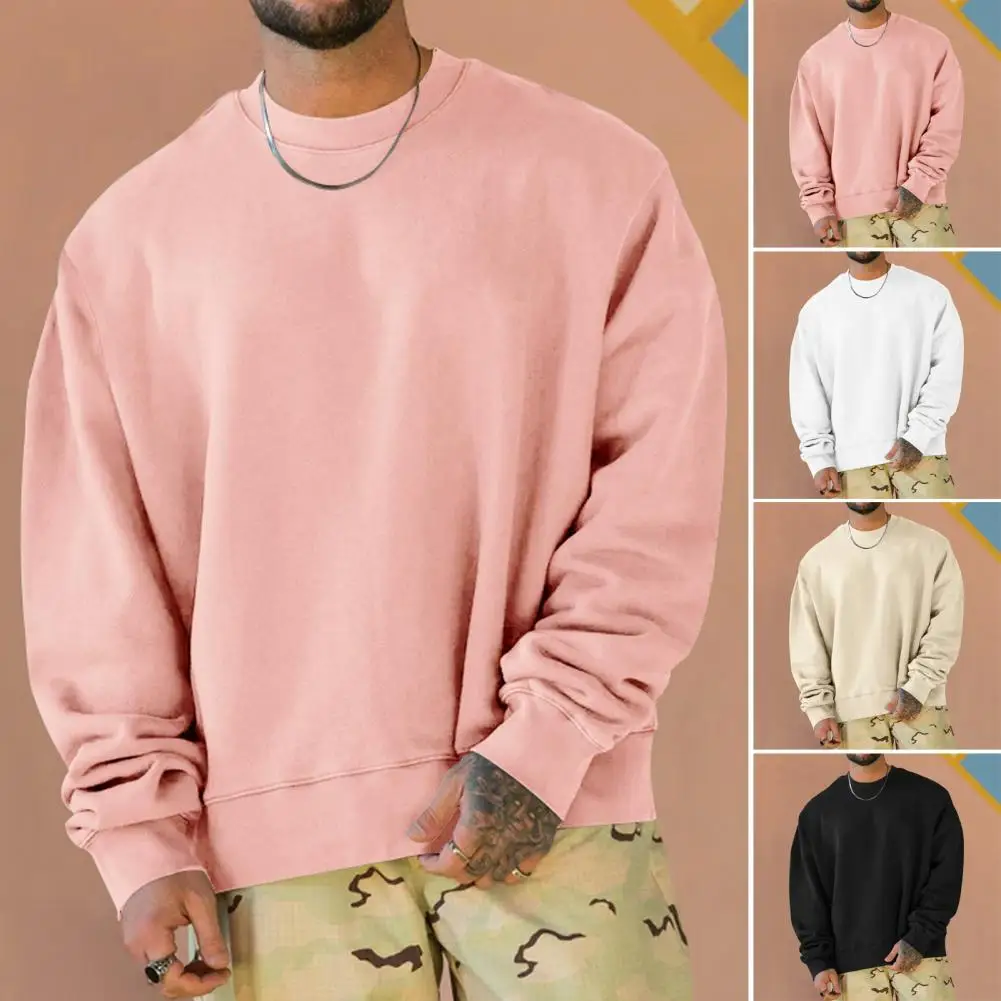 

Men Autumn Winter Sweatshirt Round Neck Long Sleeve Elastic Cuff Solid Color Pullover Top Casual Bottoming Top