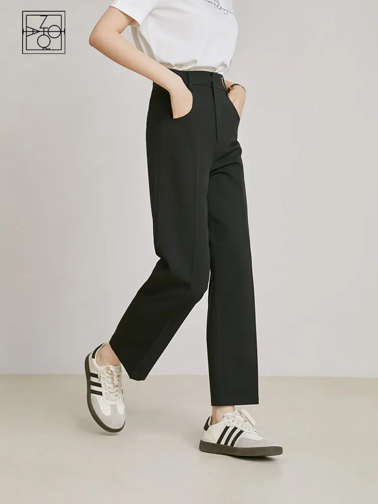 

ZIQIAO Commuter Slender Black Flared Nine-point Pants for Women Spring New High-waist Casual Suit Straight-leg Pants For Female