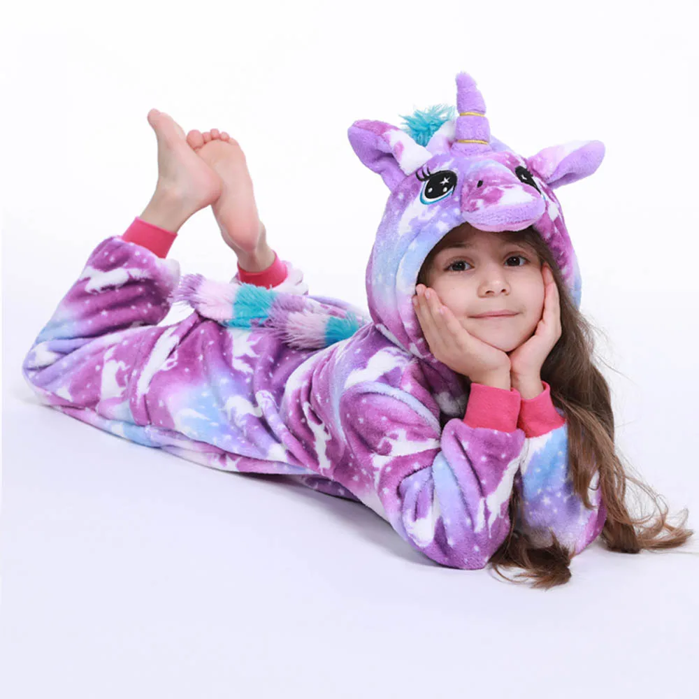 Kawaii Girls Pajamas Winter Purple Unicorn Onesie Hooded Plush Kigurumi Jumpsuit Blanket Sleeper Warm Overall Kids Nightwear Pjs kids pajamas
