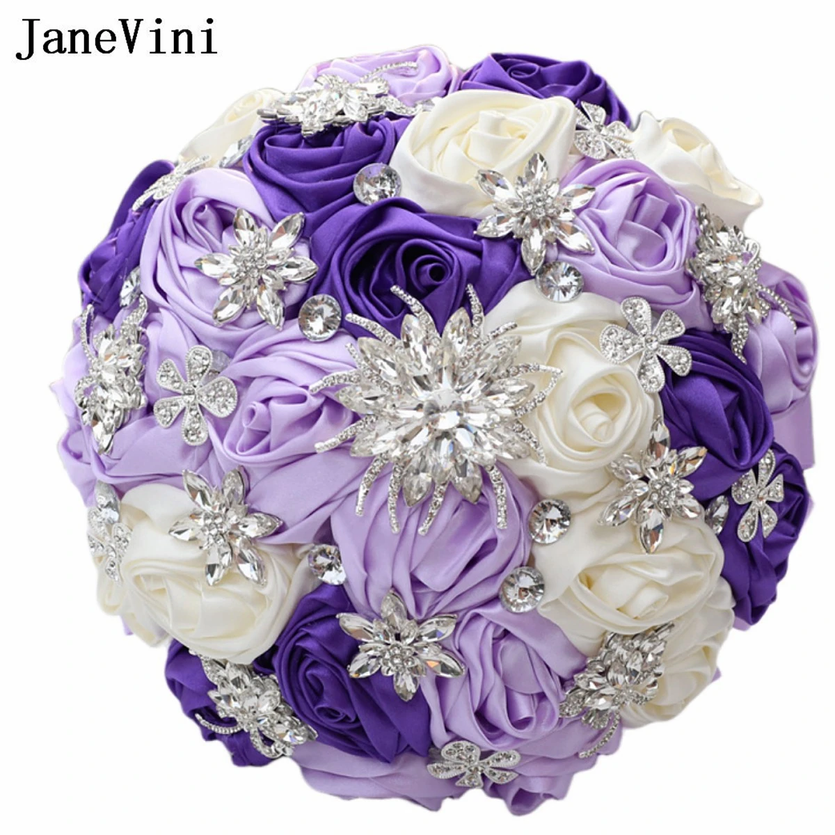 

JaneVini Sparkly Silver Rhinestone Wedding Flowers Bridal Bouquet Purple Satin Rose Crystal Jewelry Bride Bouquets Buque Noiva