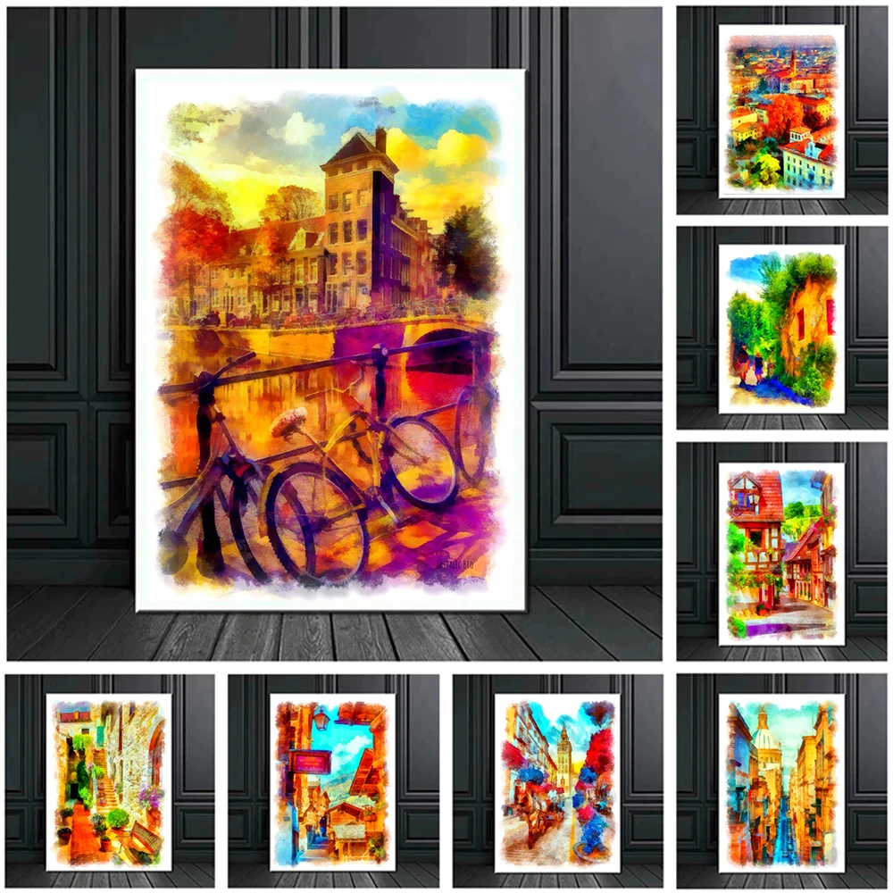 

Abstract Paris Umbria Warsaw Alsace Amsterdam Travel Poster Prints Watercolor Nordic Street Landscape Canvas Painting Wall Art