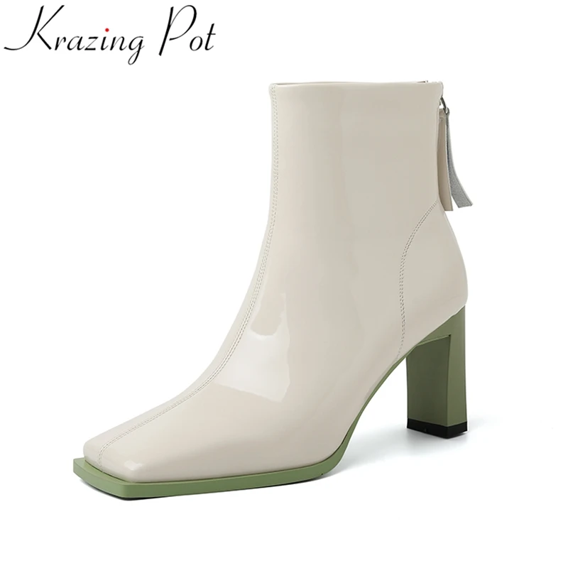

Krazing Pot Genuine Leather Square Toe Thick Heel Modern Boots Zipper Warm Winter Sweet Concise Solid Elegant Sexy Ankle Boots