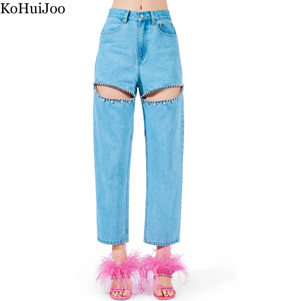 

Hollow Out Jeans Women New Deisgner Diamond-studded Beaded Fashion Long Straight Denim Trousers Blue Punk Baggy High Waist Pants