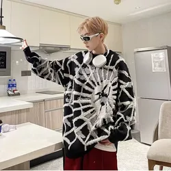 Y2K American Style Streetwear Mens Autumn Spider Graphic Knitted Sweater O Collar Oversized Black Sweater Coats Sueter Masculino