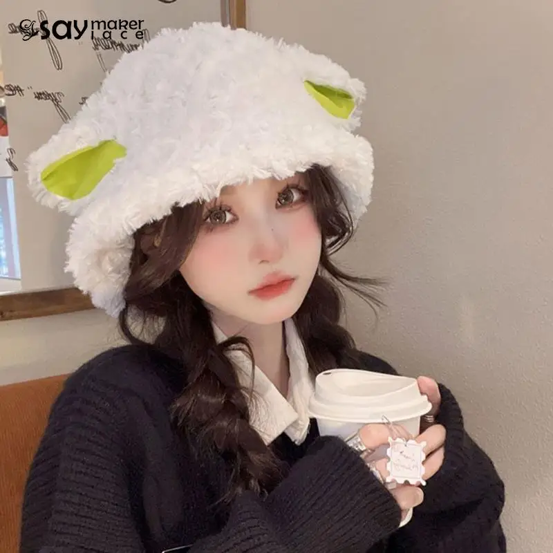 Cute Girl Lambswool Handmade Sheep Baa Bucket Hat Lolita Sheep Cap Con Orecchie Black White Sheep Ear Hat Regalo Di Festa