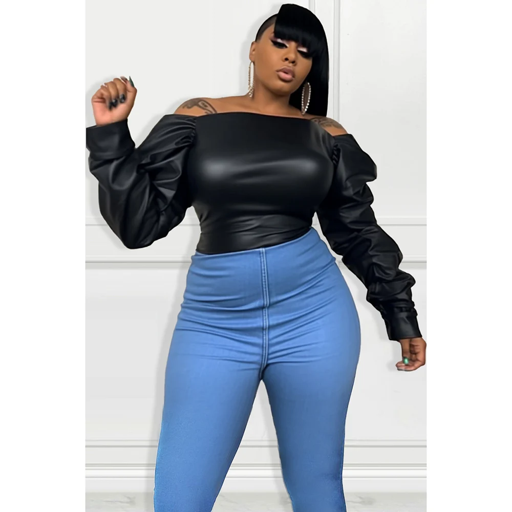 Plus Size Semi Formal Tops Casual Black Fall Winter Off The Shoulder Long Sleeve PU Leather Fashion Tops