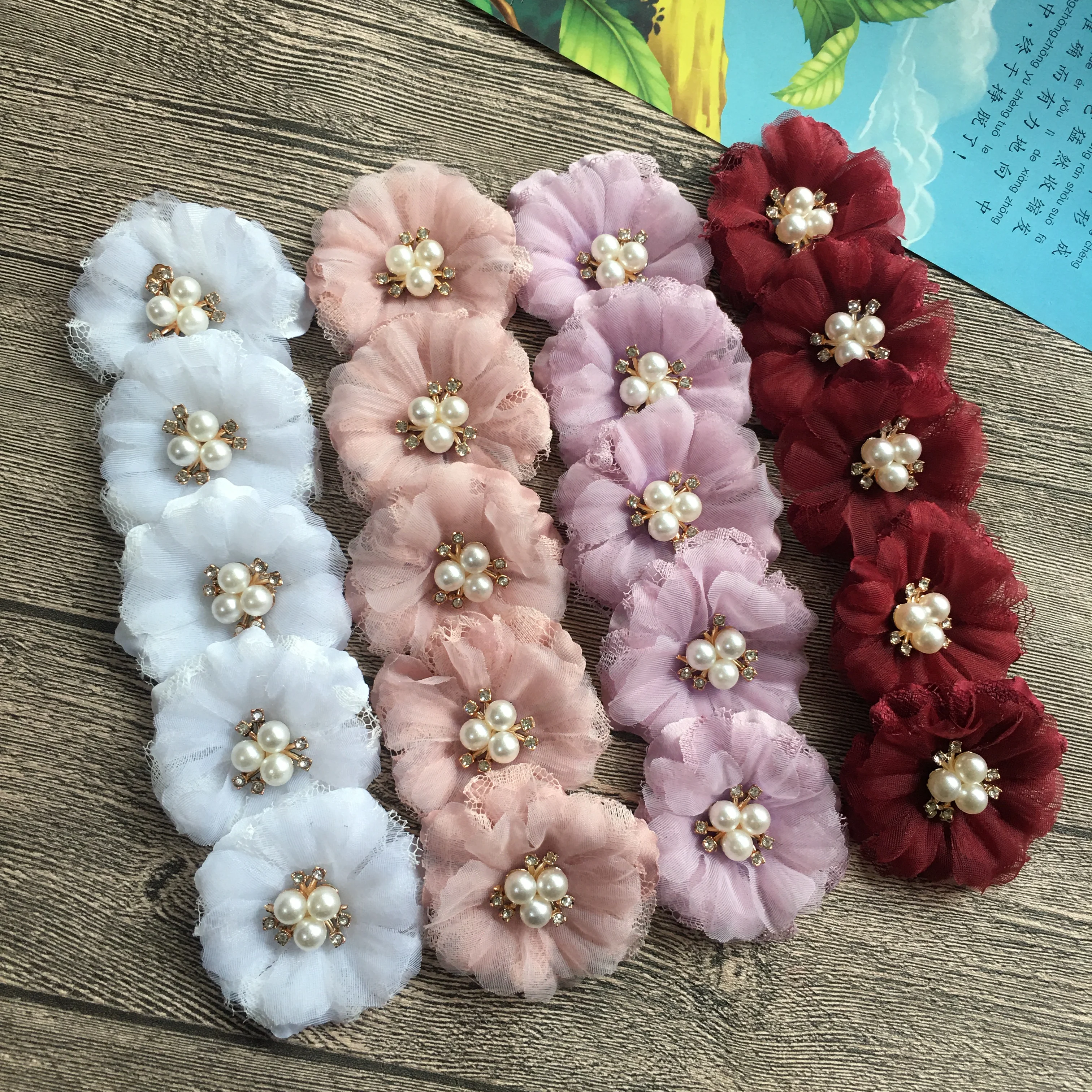 

5.0CM Lace Fabric Accessories With Pearl Flat Back Children DIY Accessories Rosette For Hats Shoes Garment Home Gift Decoration