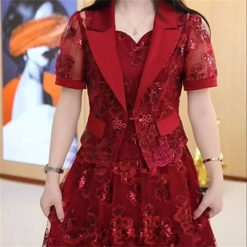 Lace Dress Women's High end Luxury Lady Two Piece Sets Silk Dress Suit Jacket And Dress 2023 Summer Waist Slim Long A-line Dress
