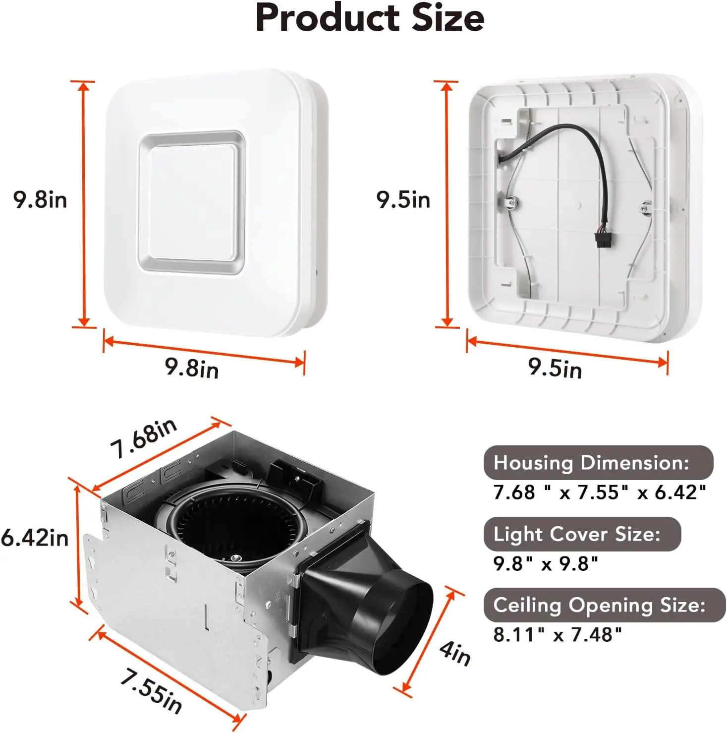 OREiN Bathroom Exhaust Fan with Light, 100 CFM 1.5 Sones, 25W Bathroom Vent Fan with Light, 1500lm LED Light 3000K/4000K/5000K S