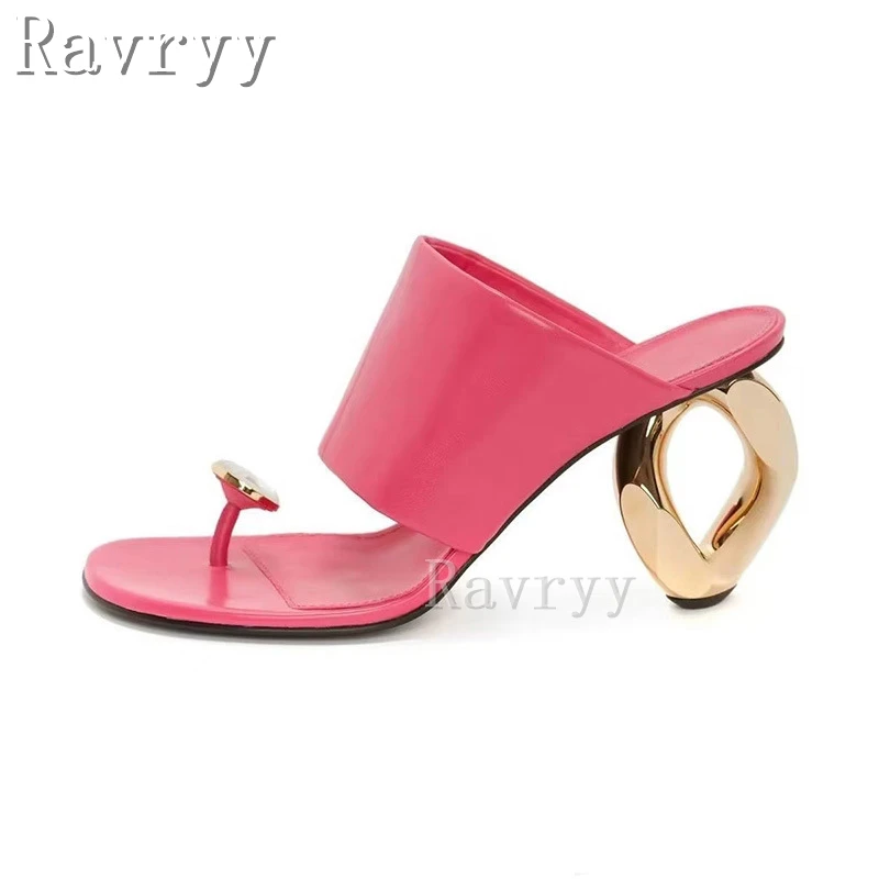 

Square Open Toe Metal Heel Slippers Middle Strange Heels Roman Sandals 2023 Summer New Fashion Runway Concise Flipflops