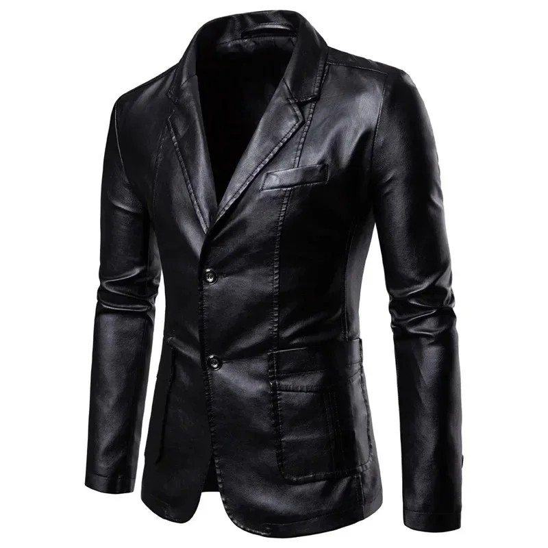 Leather Blazer Man Spring Autumn Fashion Men's Leather Jacket Dress Suit Coat Male Business Casual Pu Black Blazers Jacket