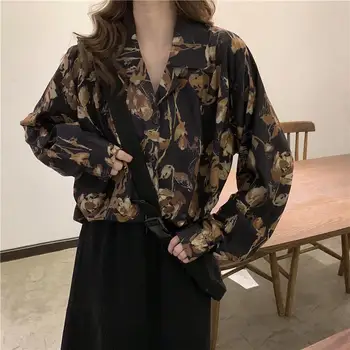 QWEEK 여성용 빈티지 블라우스, 오버사이즈 하라주쿠 블랙 셔츠, 프레피 스타일, 케이팝 패션, 쉬폰 긴팔, 캐주얼 탑