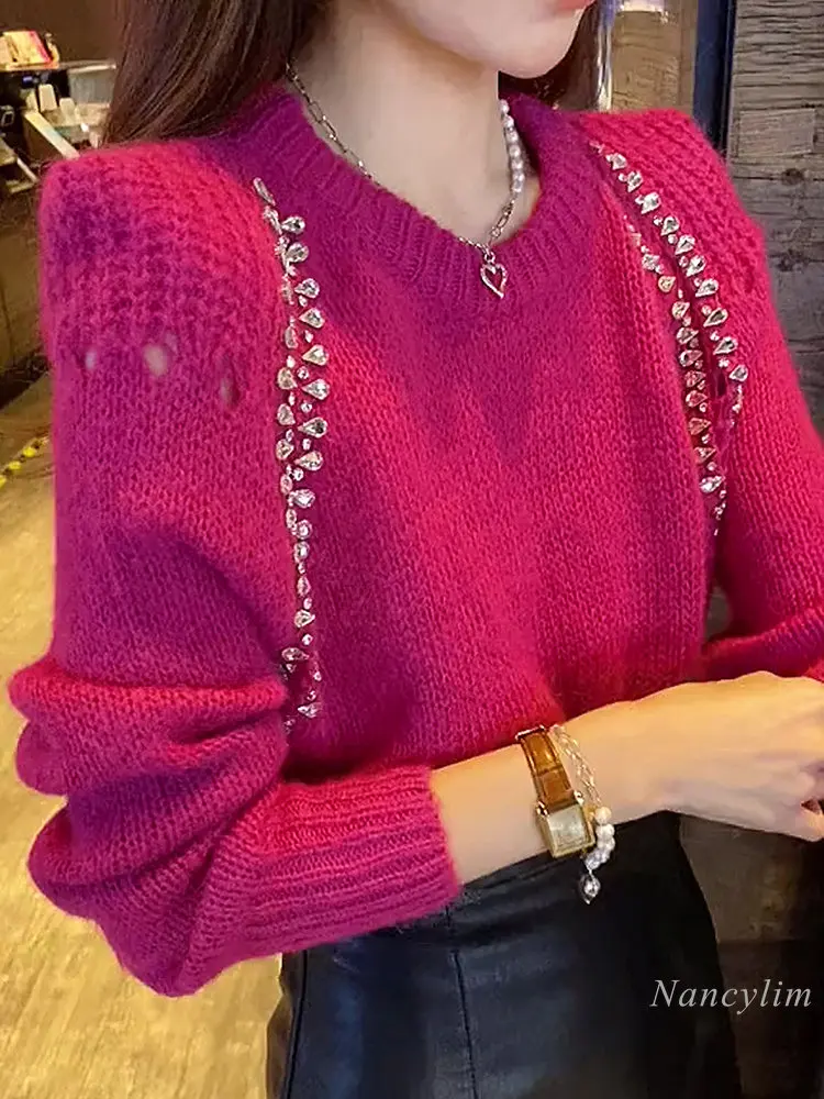 

Fashion Hollow Rhinestone Knitwear for Women New 2022 Popular Spring and Autumn Round Neck Design Long Sleeve Sweater Short Top