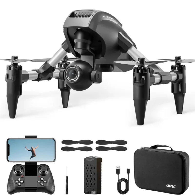 Vue de l'écran du smartphone affichant le flux FPV du drone de poche V42 4K, avec les commandes de vol visibles.