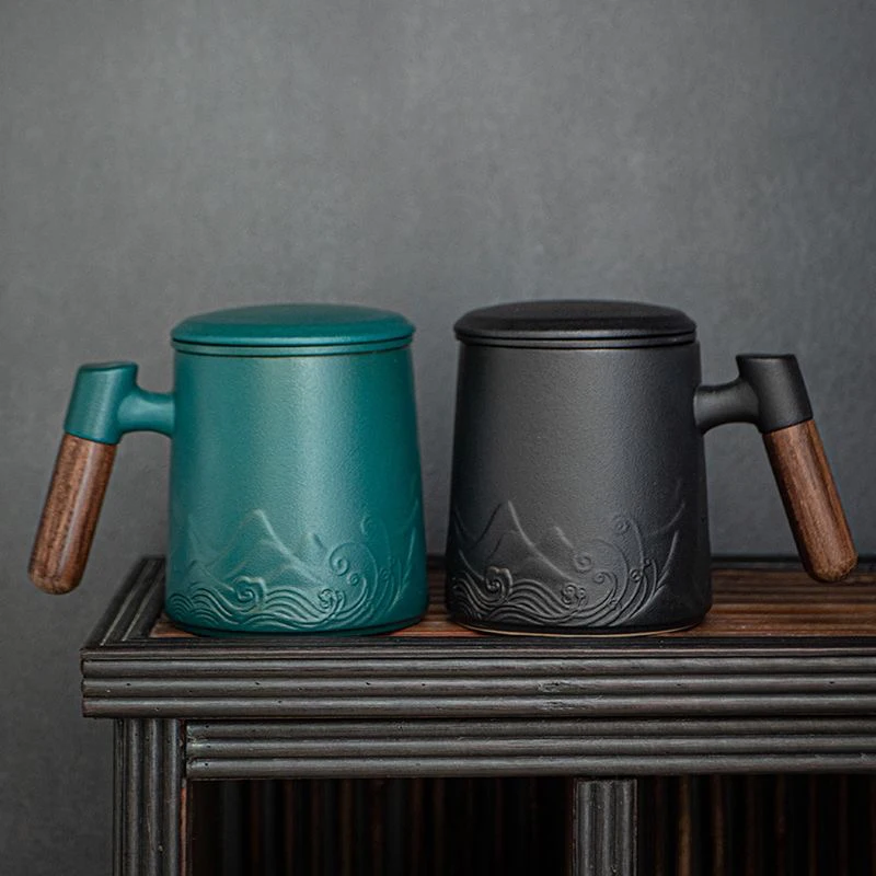Creative Ceramic Gradient Color Tea Cup, with Cover, Chinese Style Office Supplies, Handle, Tea Water Filter Separation Mug, 1Pc