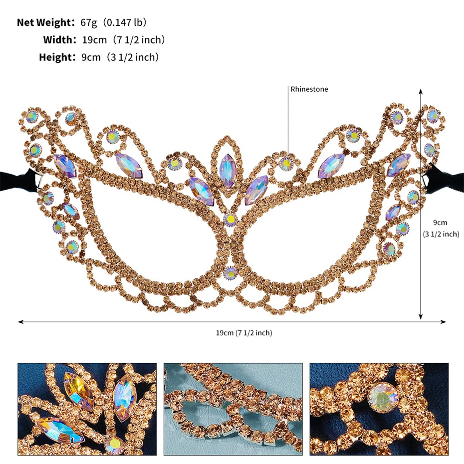 Efily Gold Color Crystal Rhinestone Mask for Women Jewelry Eye Mask Ball Halloween Cosplay Party Wedding Prom Face Accessories