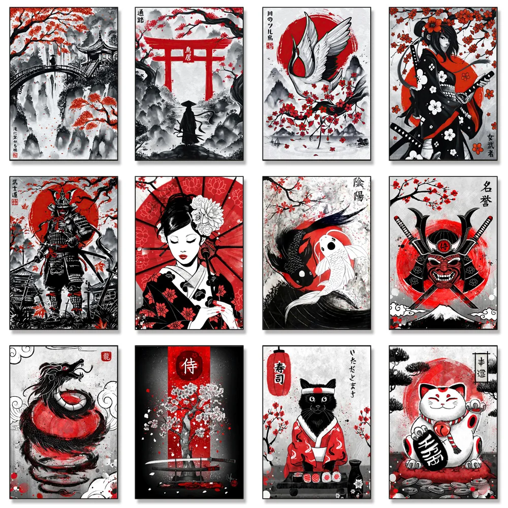 

Abstract Black Red Ink Japanese Art Prints Geisha And Samurai Poster Sakura Yin Yang Fish Giclee Canvas Wall Painting Decoration